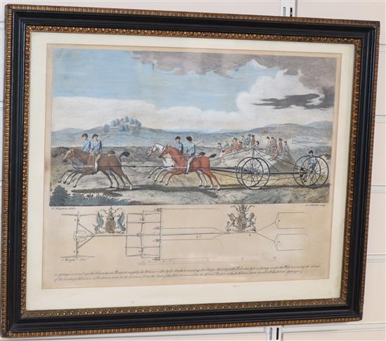 A set of four 18th century coloured engraving hunting prints, 27 x 43cm and another engraving, study of a